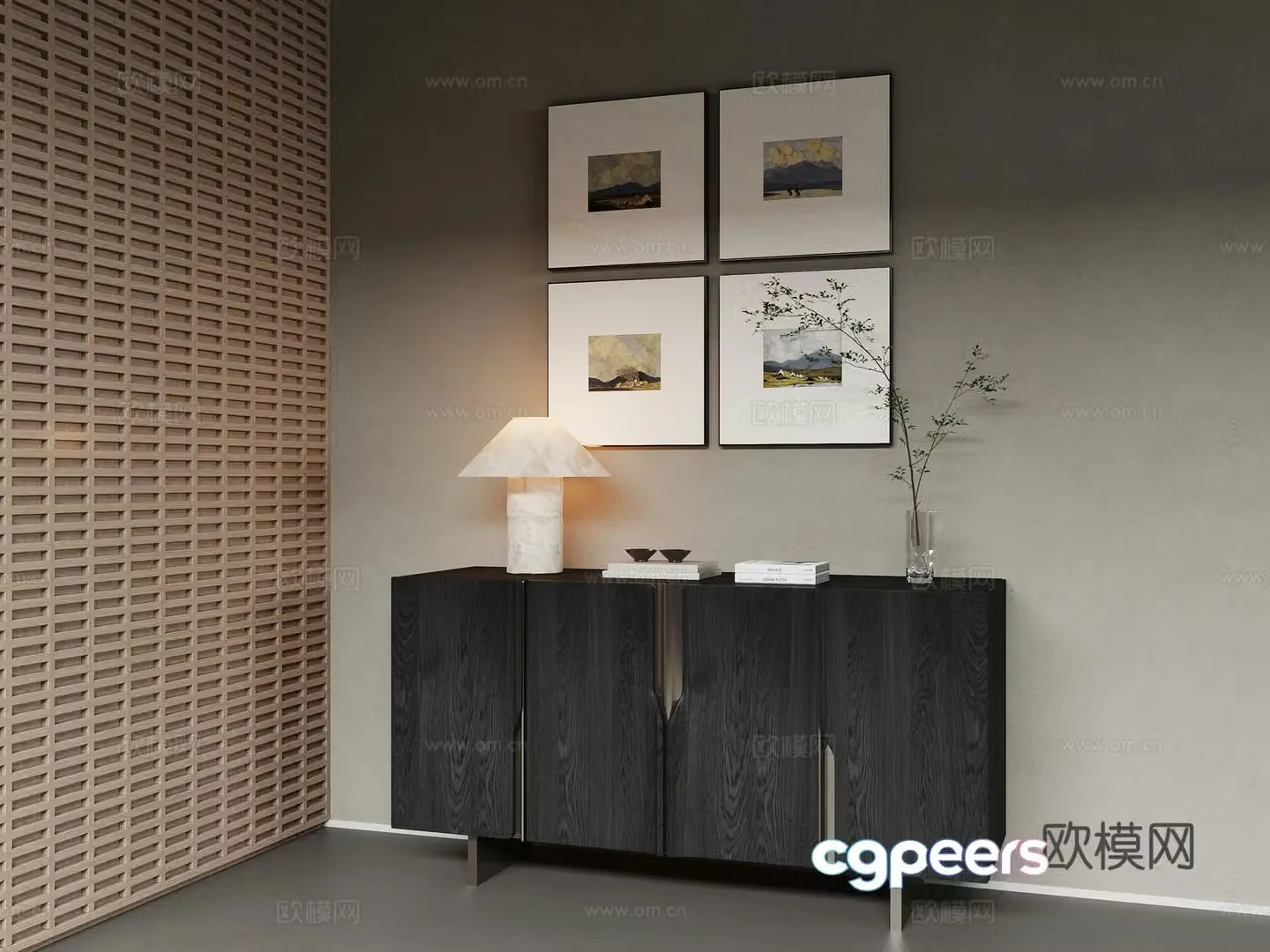 Modern side cabinet chest of drawers decorative paintings accessories desk lamps 3D model