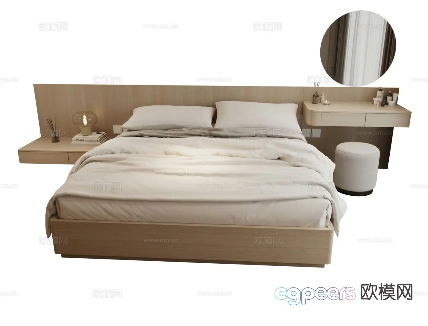 Log style double bed and dresser integrated 3D model
