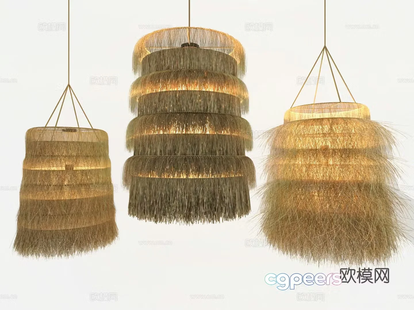 Three 3D models of rattan chandeliers