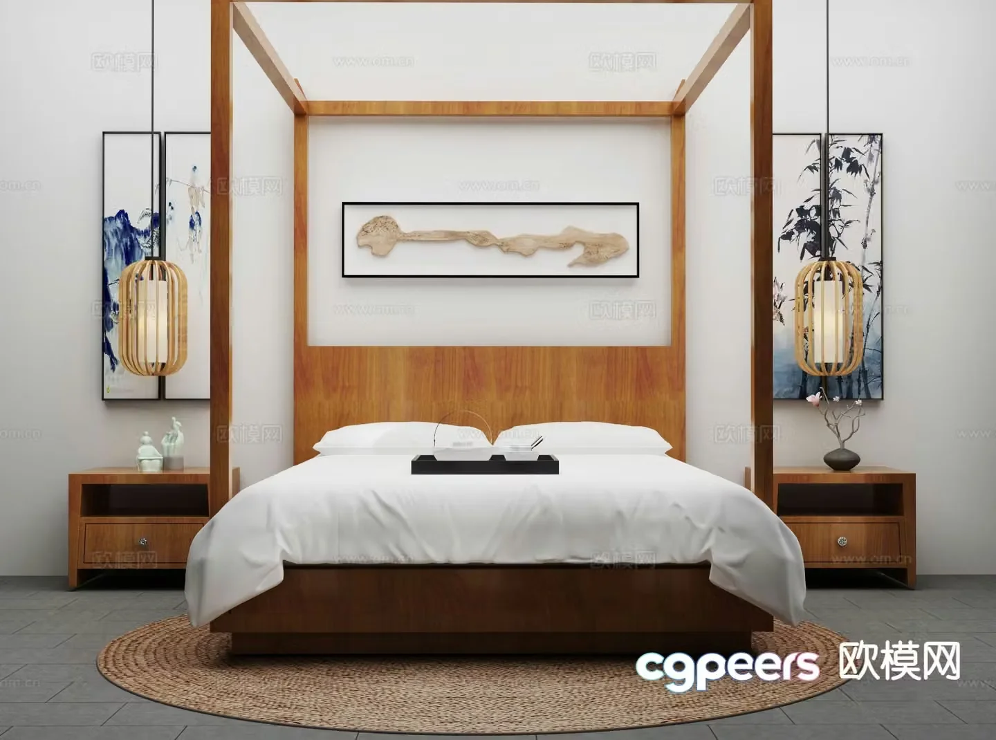 New Chinese style double bed 3d model