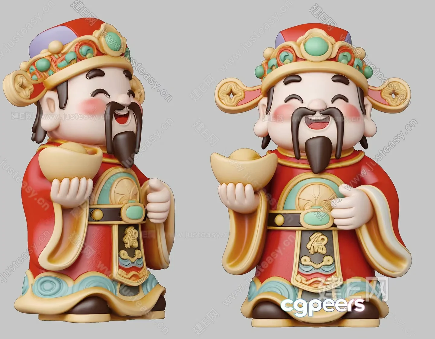 Two Cartoon Statues Of Chinese Men Holding Gold Ingots 3D Model – 4625 – VRAY Render