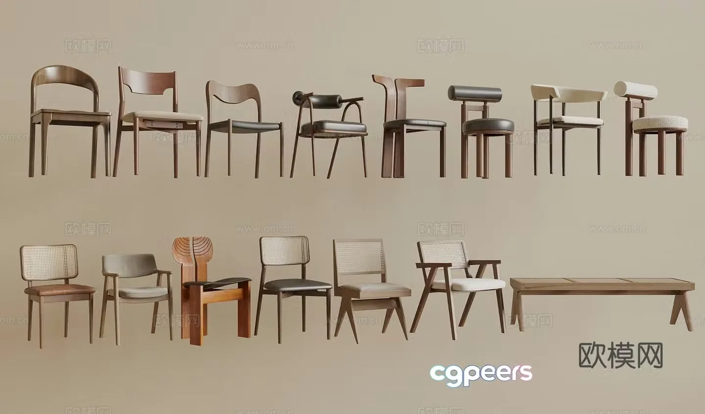 Wasabi Medium-old Dining Chair Wasabi Medium-old Single Chair Wicker Chair Wooden Chair 3D Model