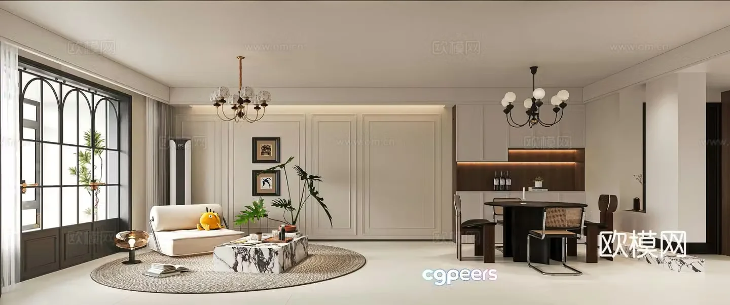 French living and dining room 3d model