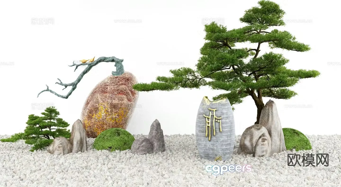 New Chinese style landscape Zen sketch rockery stone pine tree 3D model