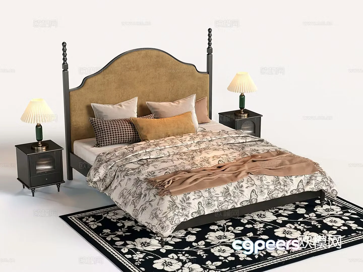 French retro double bed nightstand double bed 3d model