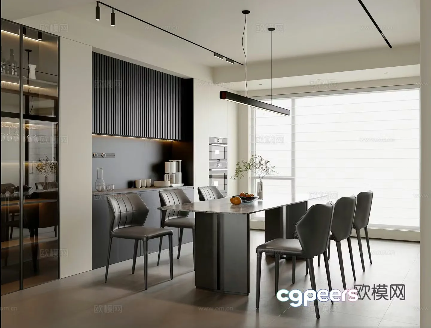 Modern Italian restaurant dining table and chair combination sideboard wine cabinet chandeliers accessories 3D model