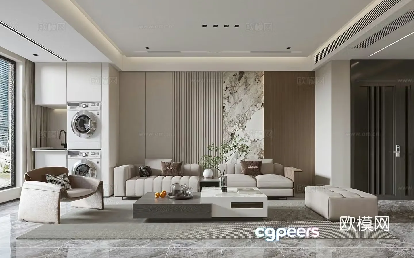Modern living and dining room modern sofa and coffee table combination modern background wall 3d model