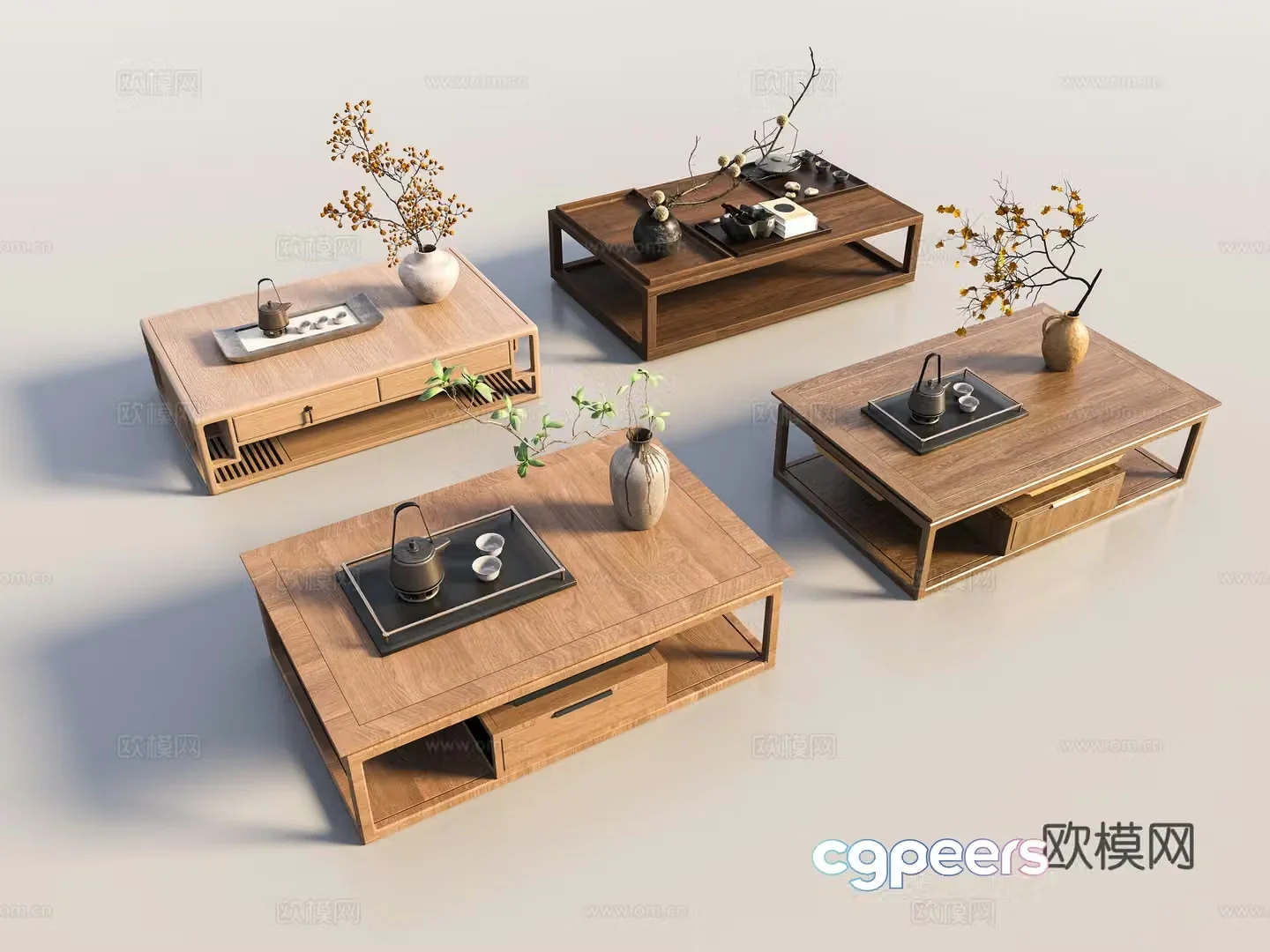 Chinese coffee table combination New Chinese coffee table combination Wavia medieval tea table solid wood coffee table coffee table 3D model