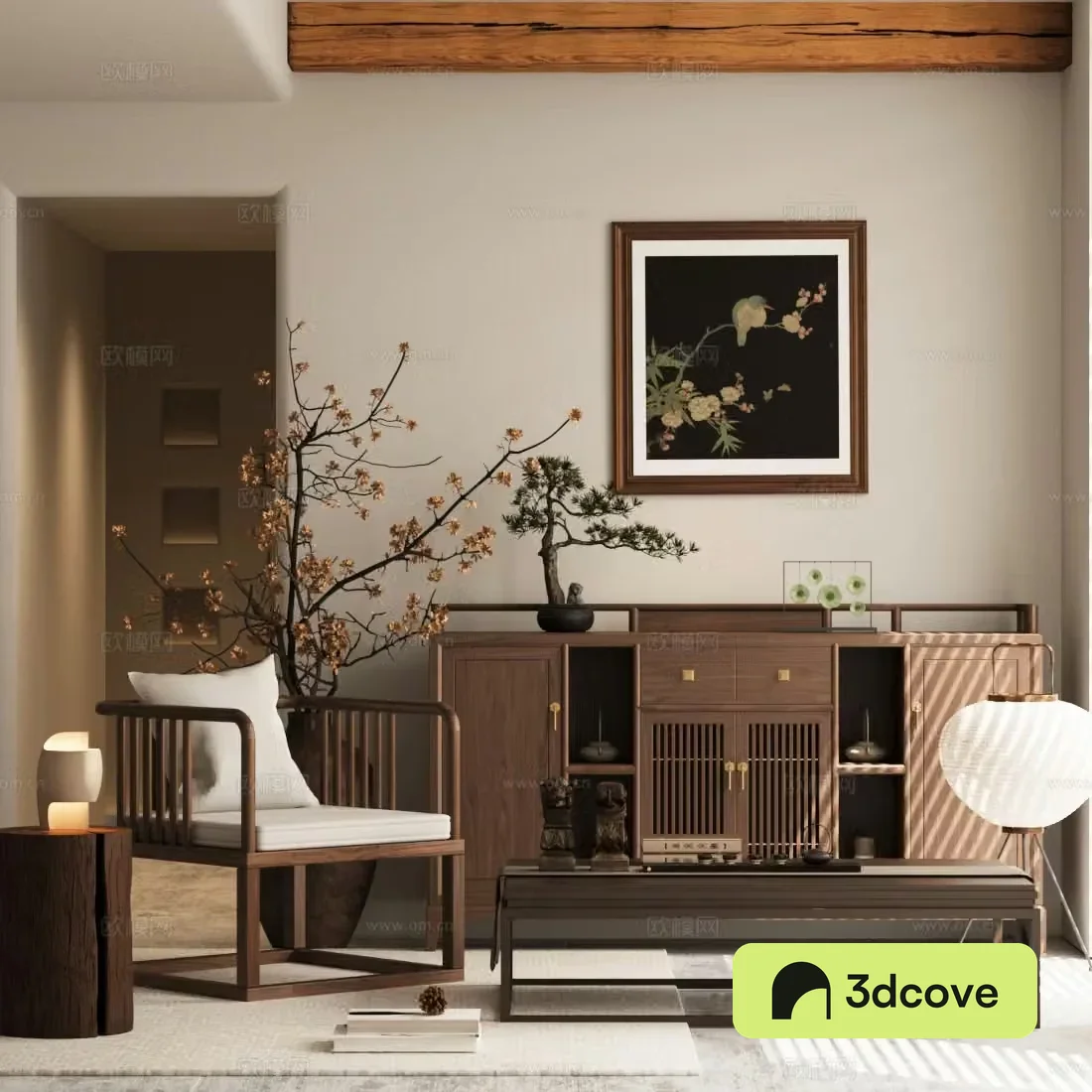 New Chinese style chest of drawers leisure chairs dried flower pots solid wood coffee table side and corner table