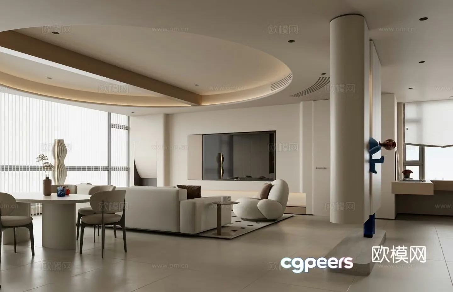 Modern Creamy Living Room 3D Model
