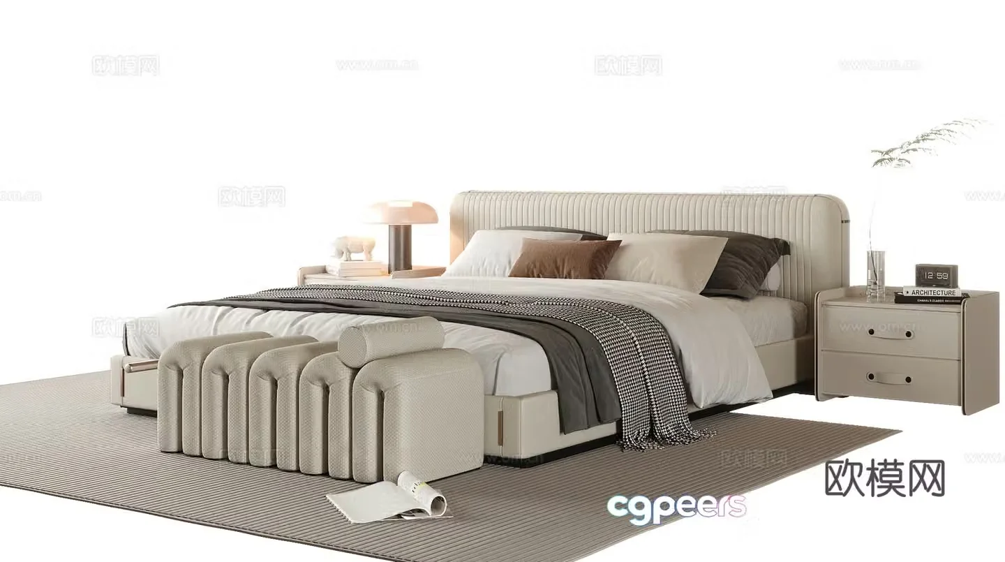 Modern double bed bed tail stool bedside table 3D model