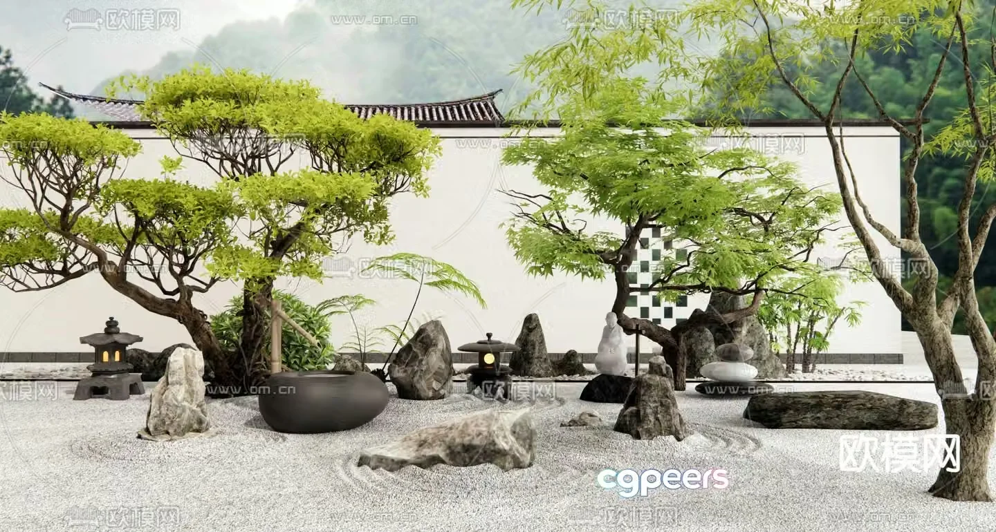 Courtyard Landscape Dry Landscape Sketch Water Bowl 3D Model