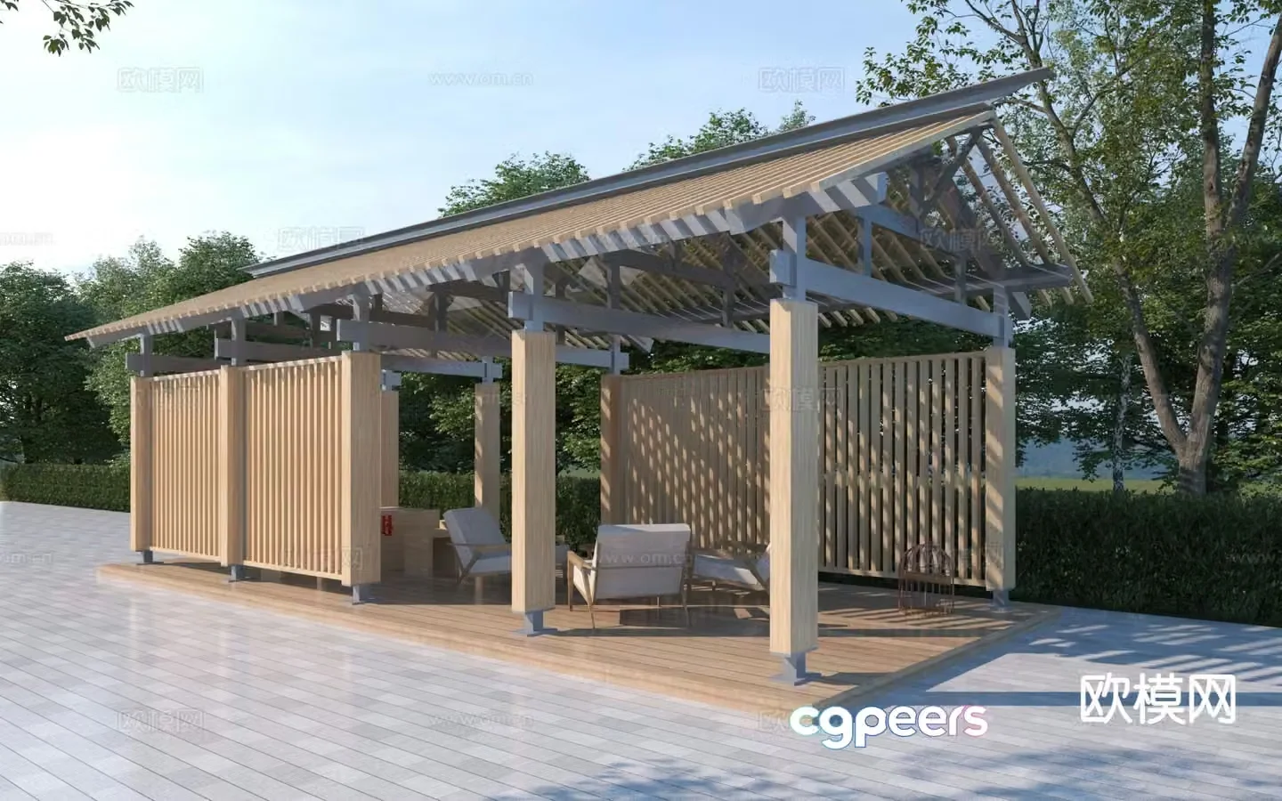 New Chinese style leisure gallery wooden gallery gallery pavilion 3D model