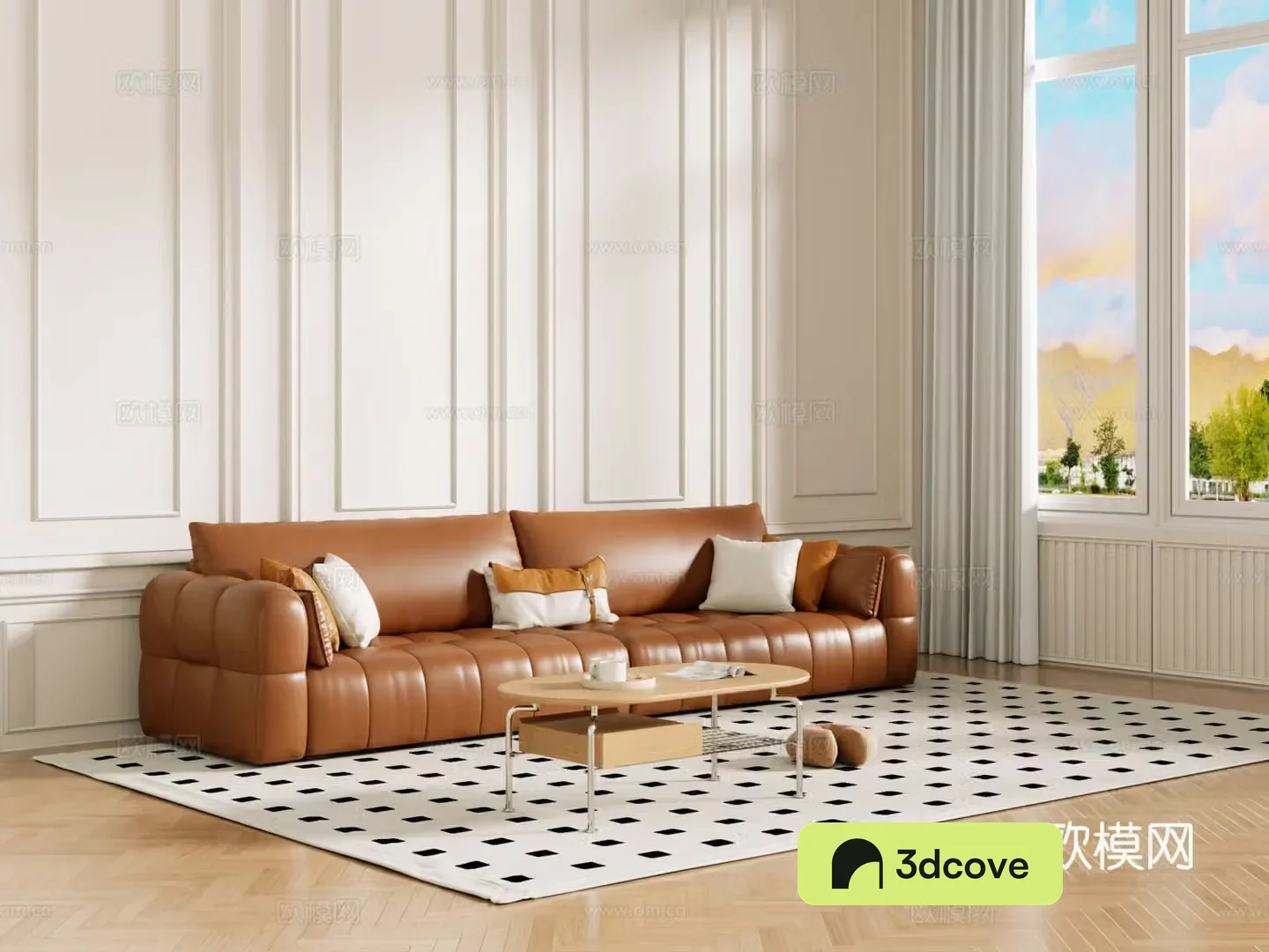Middle-aged sofa combination coffee table carpet multi-person sofa 3D model