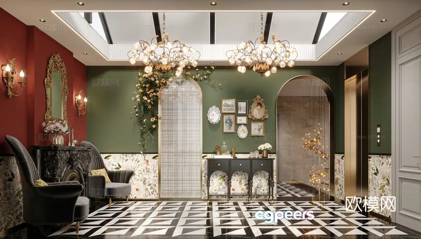 French luxury villa sunroom shape fireplace classical chandeliers leisure chair entrance cabinet stone parquet wall skirt floor 3D model