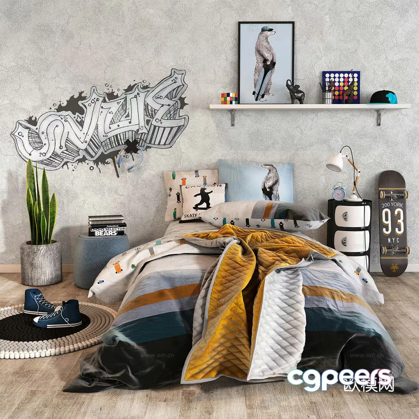 Nordic Buddy Double Bed Bed Night counter lamp combination Boy’s Bed 3D Model