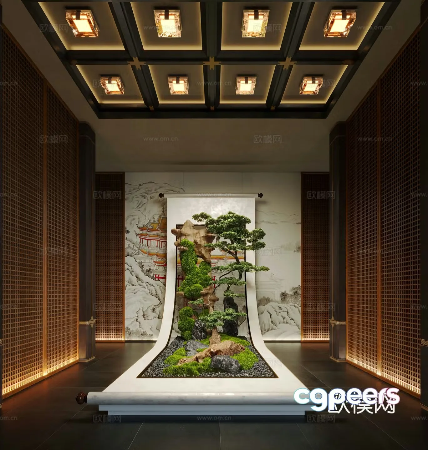 New Chinese art installation scroll installation indoor landscaping 3D model