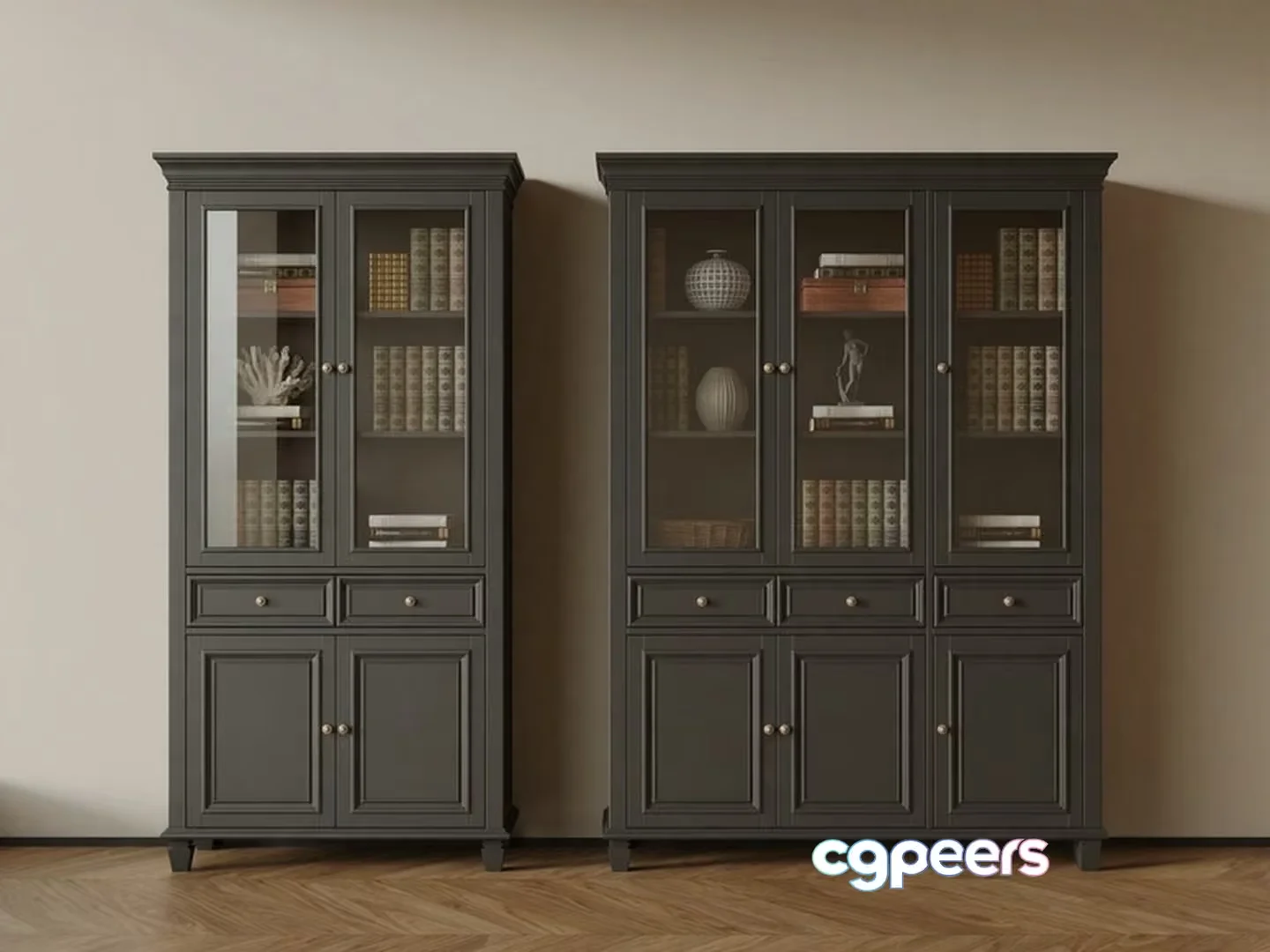 Two Tall Dark Grey Bookshelves 3D Model – 9693 – VRAY Render