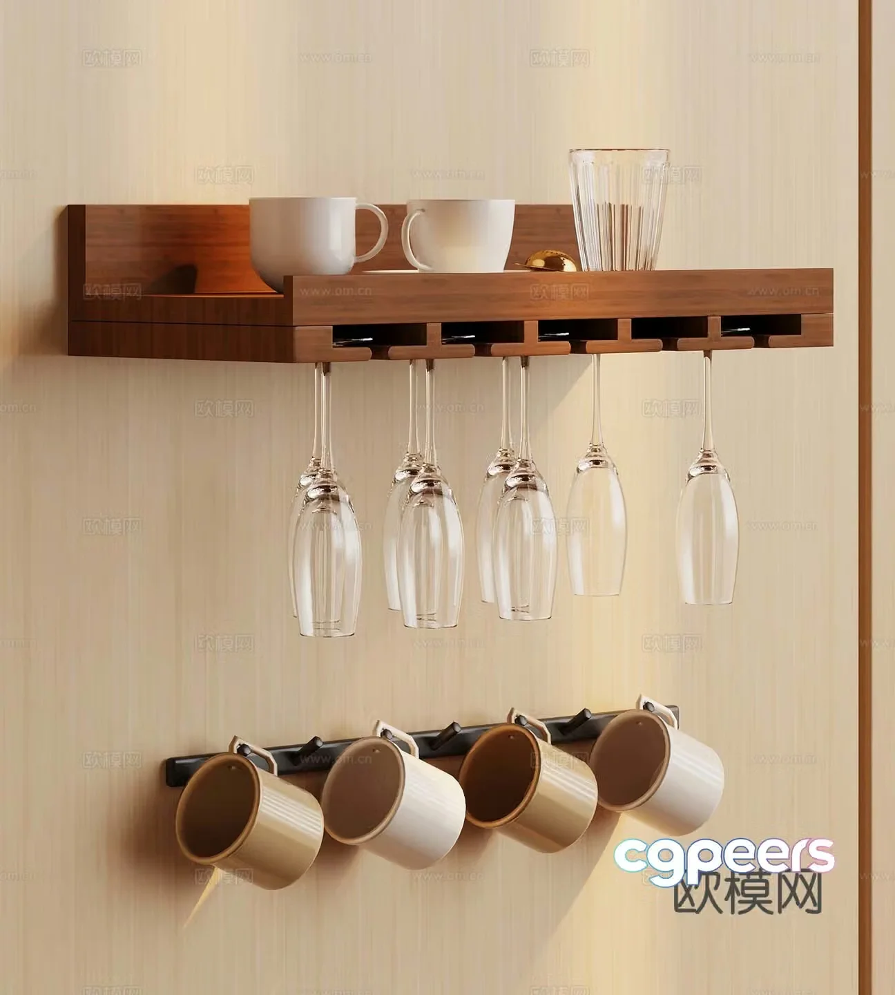 Modern hanging cup holder wooden hanging cup holder 3D model