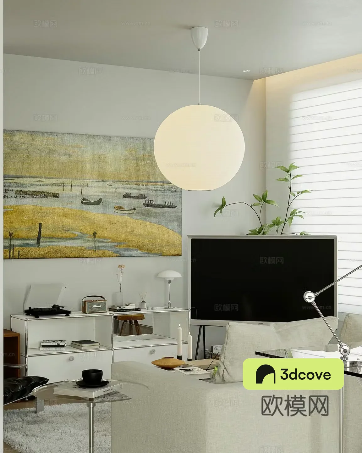 Modern minimalist living room mobile TV metal furniture Marshall speaker living room without lights