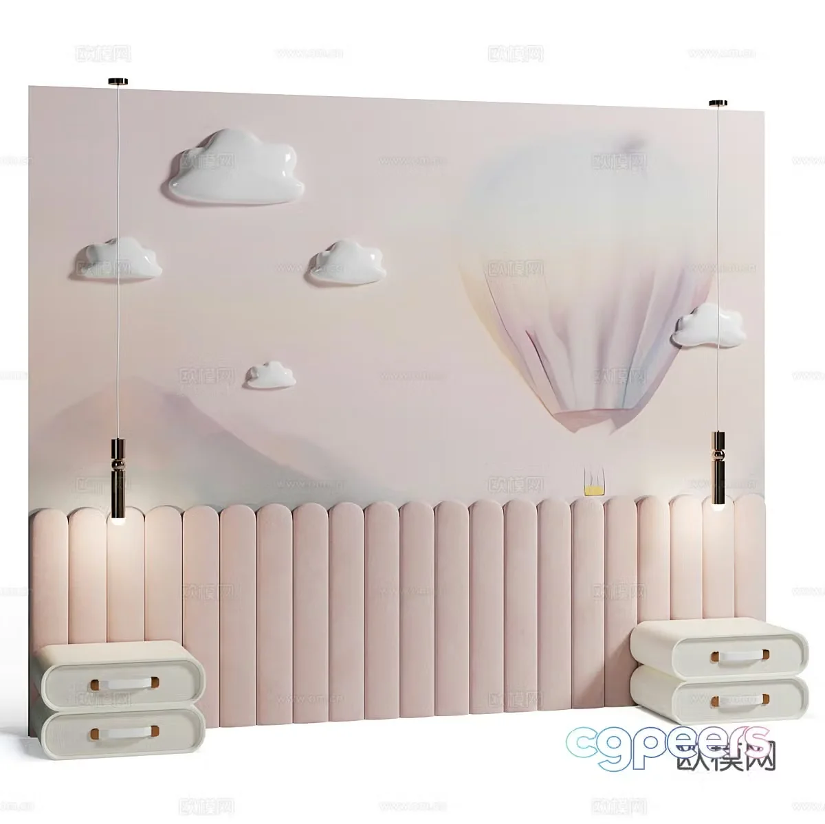 Modern creamy style children’s room bedside background wall 3d model