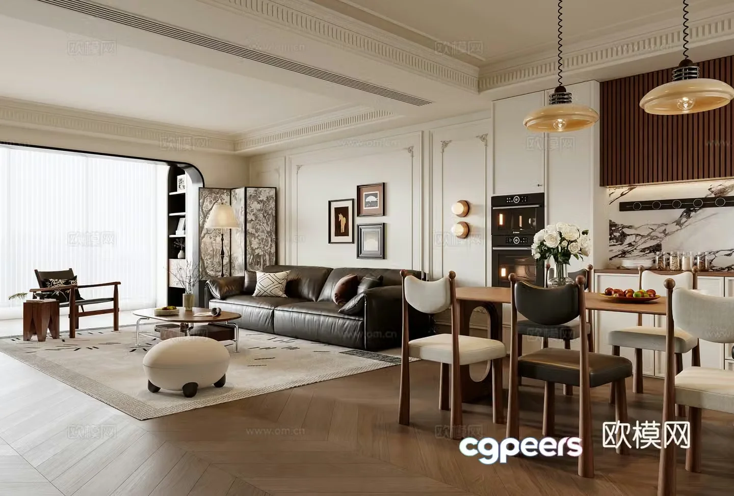 French living and dining room 3d model
