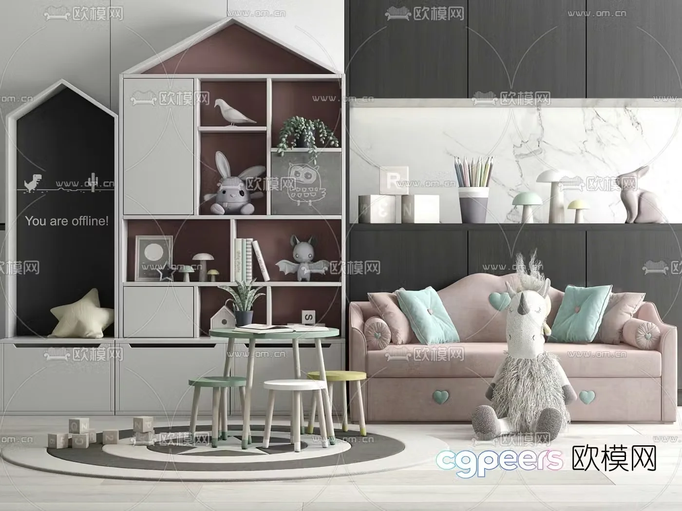Modern children’s bookcase table chair sofa 3d model