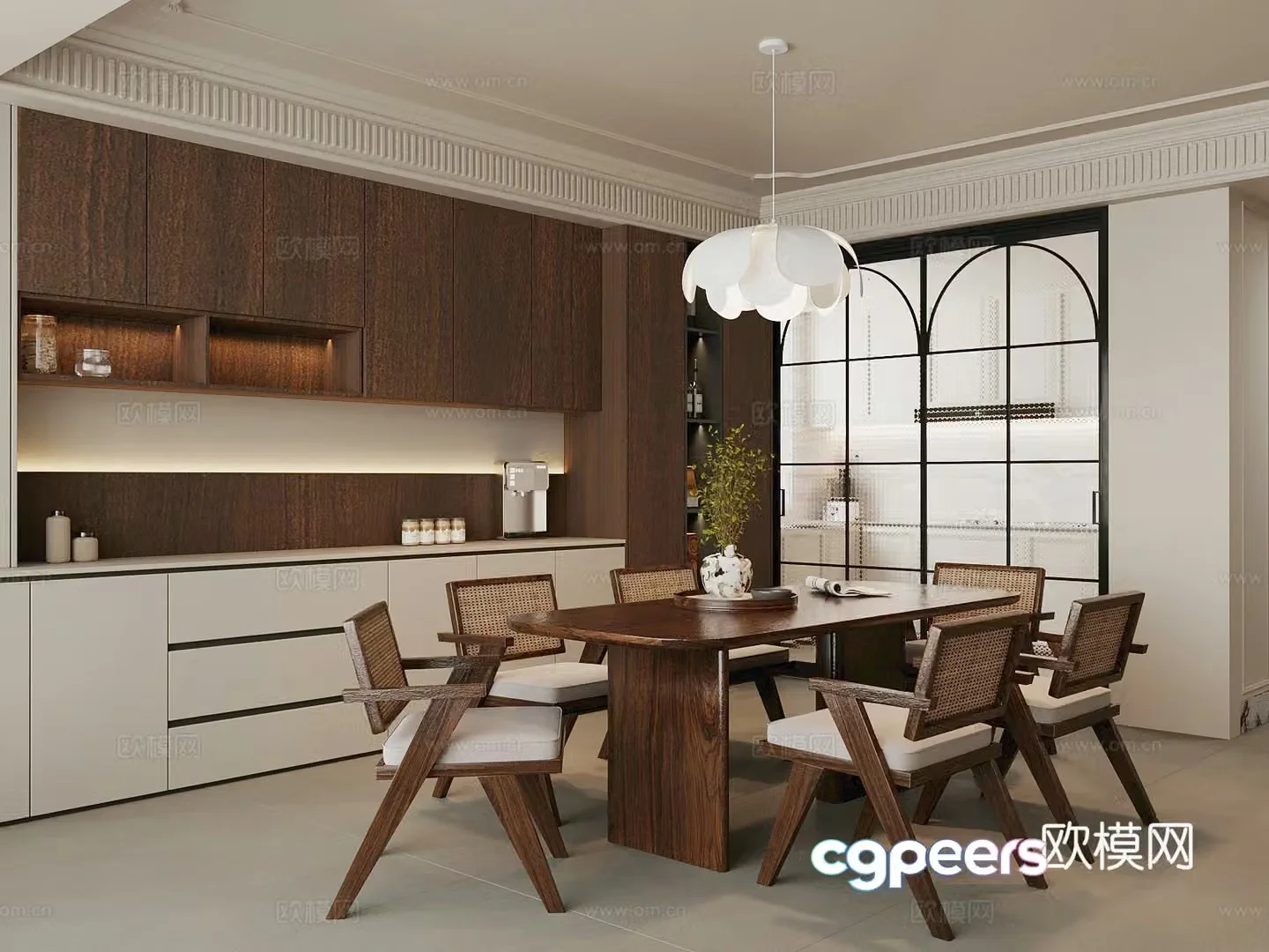 Middle-aged restaurant dining table and chairs wine cabinet 3d model