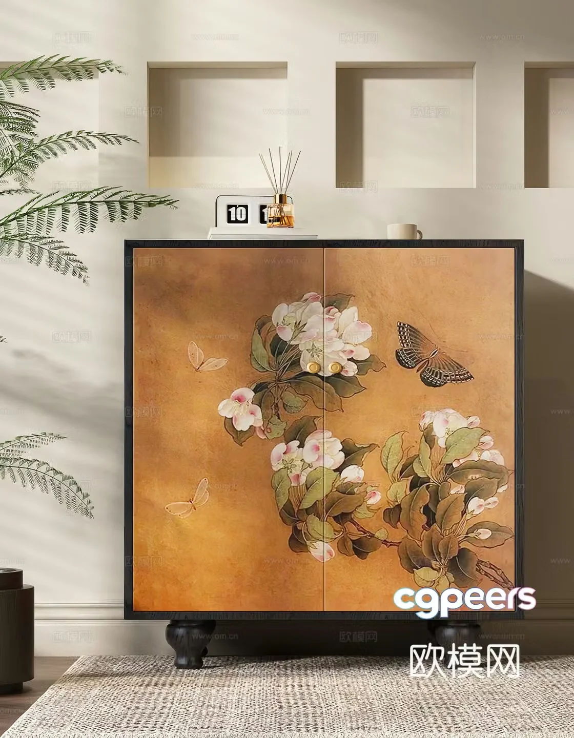 New Chinese style flower and bird painting side cabinet decorative cabinet 3D model