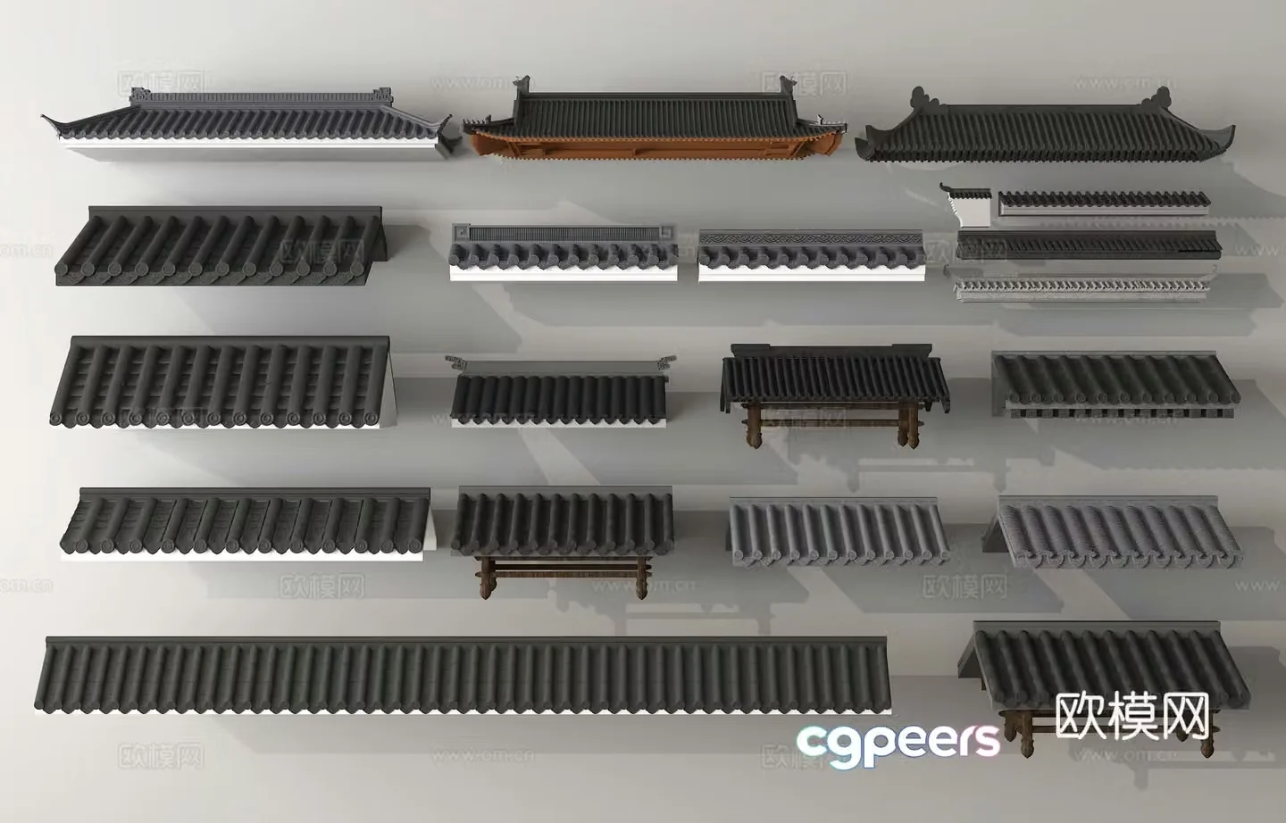 Chinese eaves roof tiles roof ridge 3d model