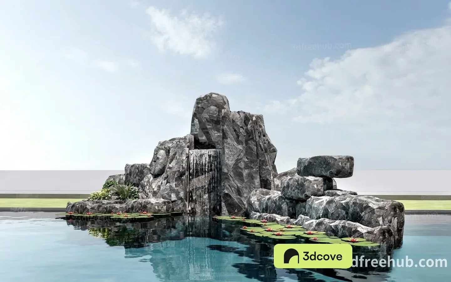 A 3D Rendering Of A Rocky Waterfall