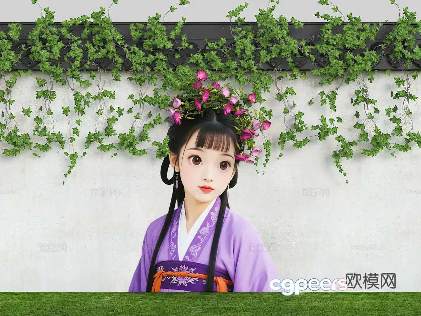 Flower wall fence cartoon wall flower girl hair modern beauty wall wall painting 3d model