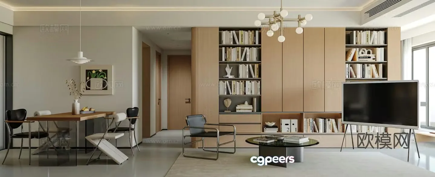Creamy style modern living and dining room 3d model