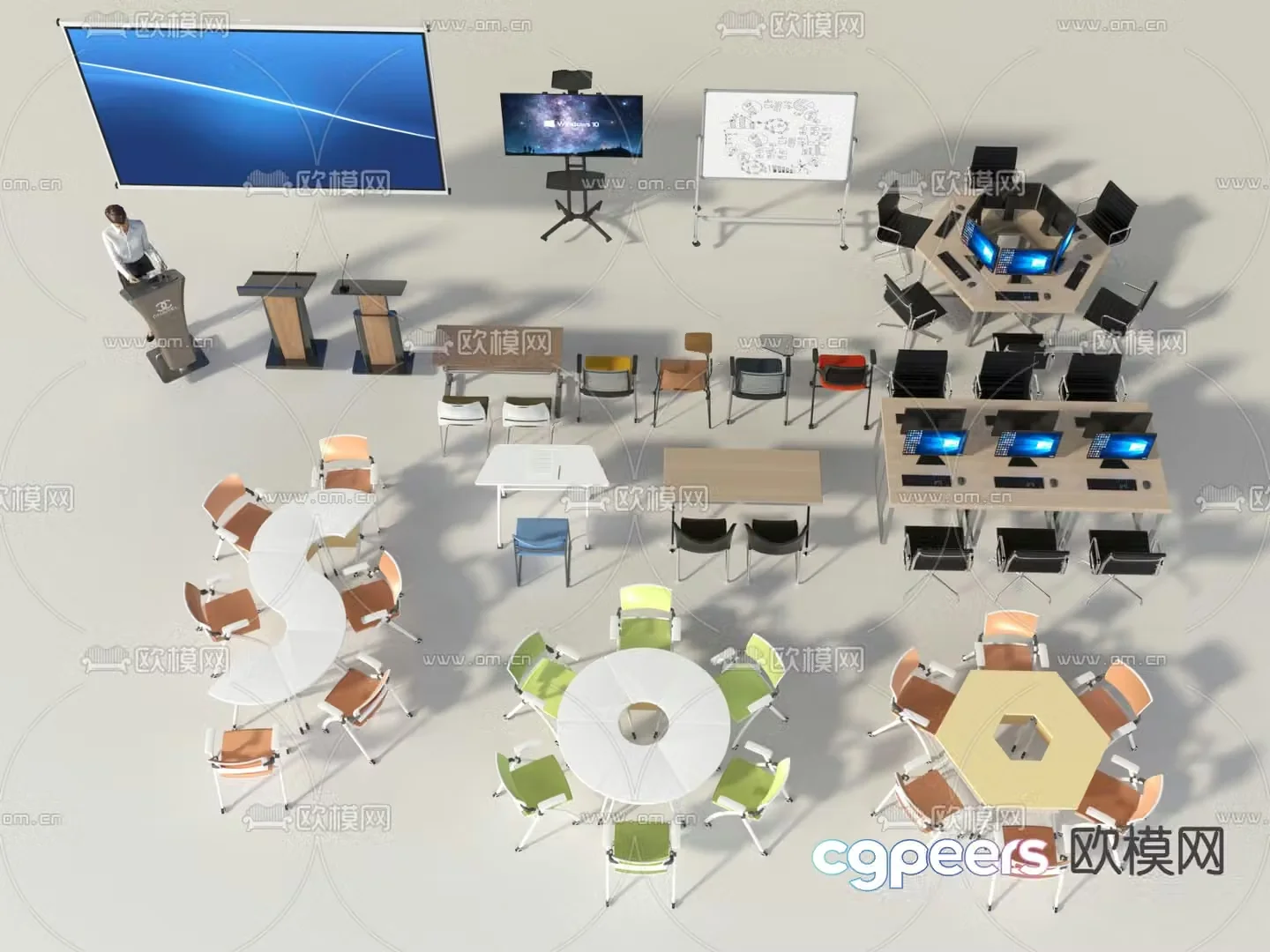 Training tables and chairs podium computer table whiteboard 3D model