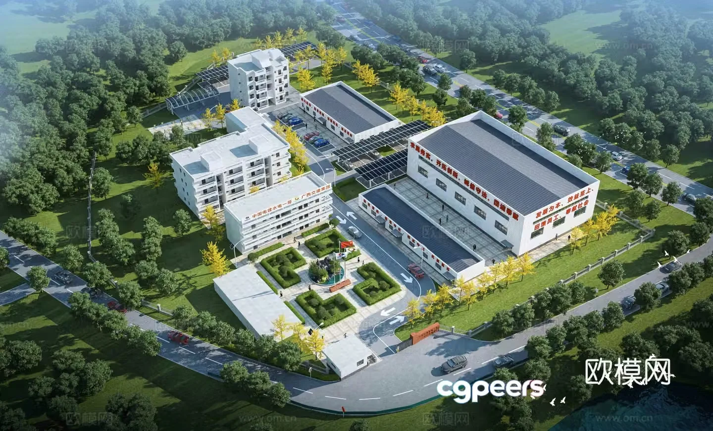 Aerial view 3d model of modern factory building