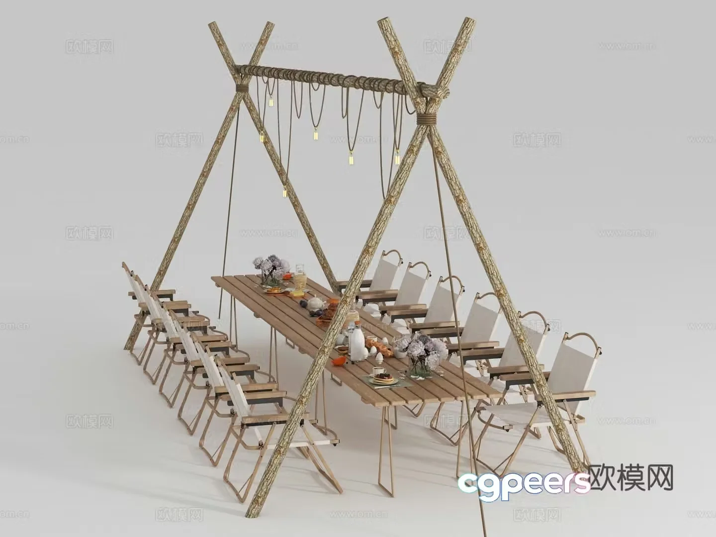 Camping atmosphere lamp table and chair combination (3d model
