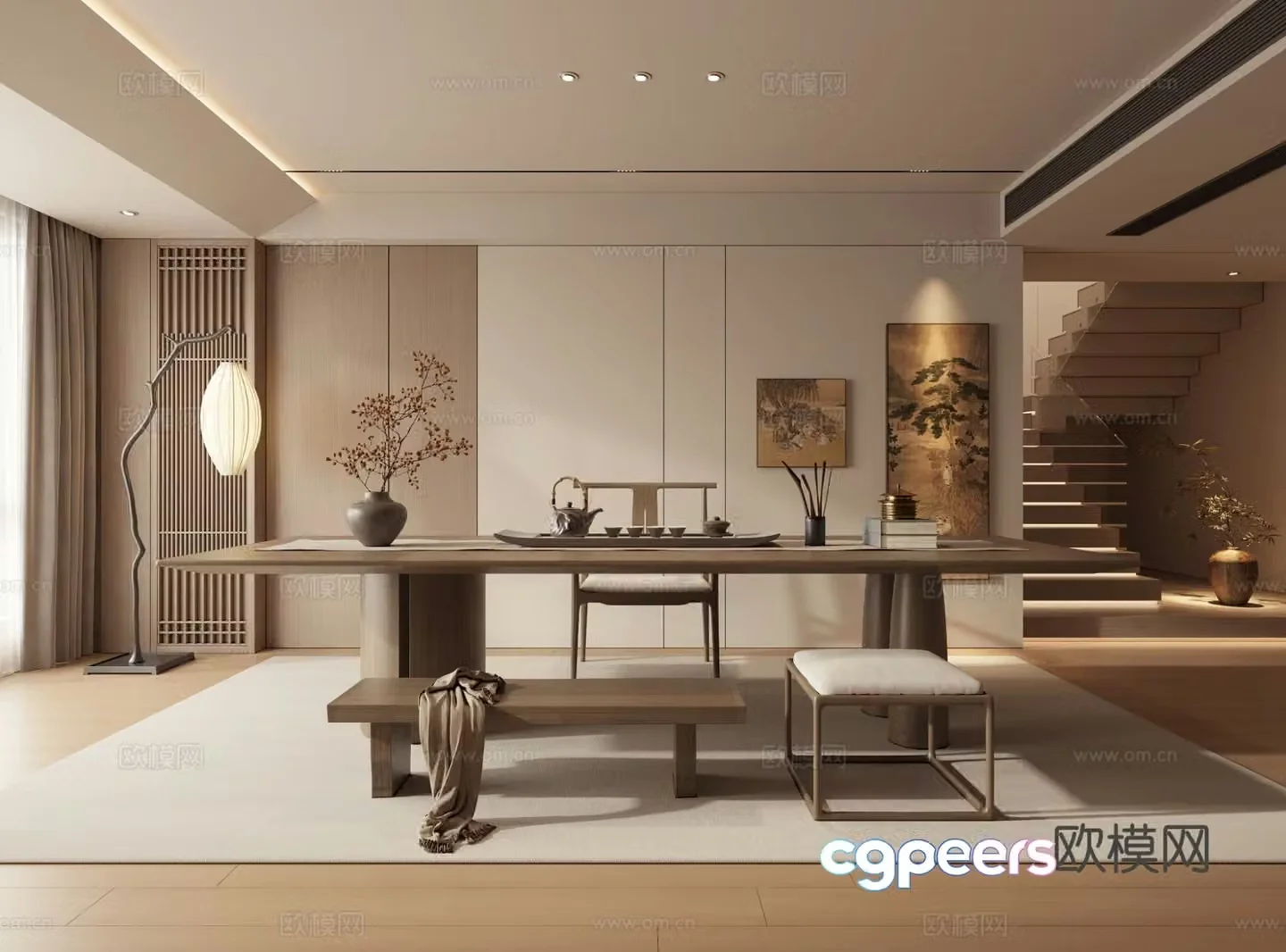 New Chinese Zen Tea Room Reception Room Tea Table Floor Lamp 3D Model