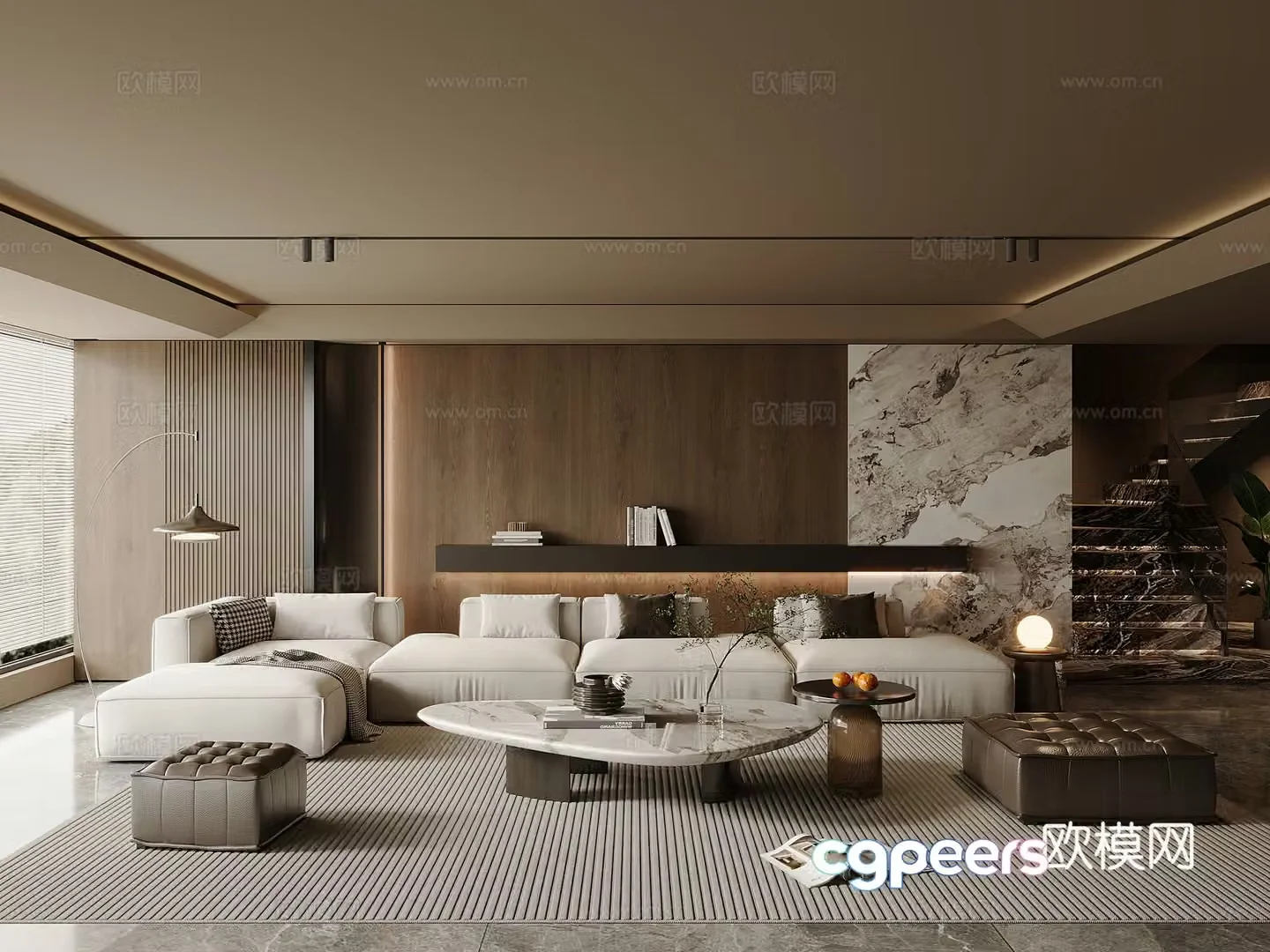Modern Italian home living room fabric sofa and coffee table combination light luxury coffee table large flat layer bookcase 3D model