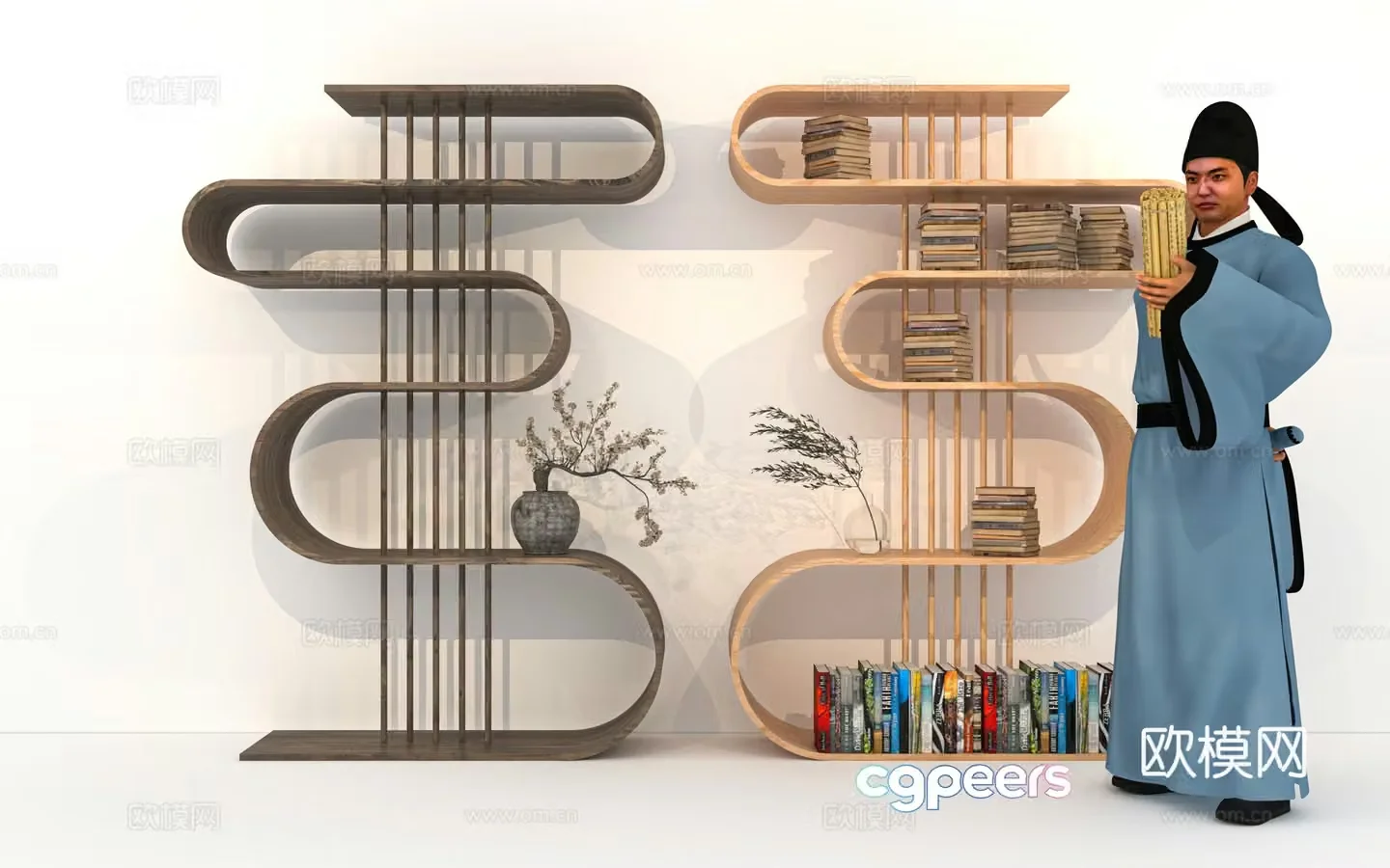 Chinese creative modeling bookshelf shelf study living room decoration screen partition soft 3d model