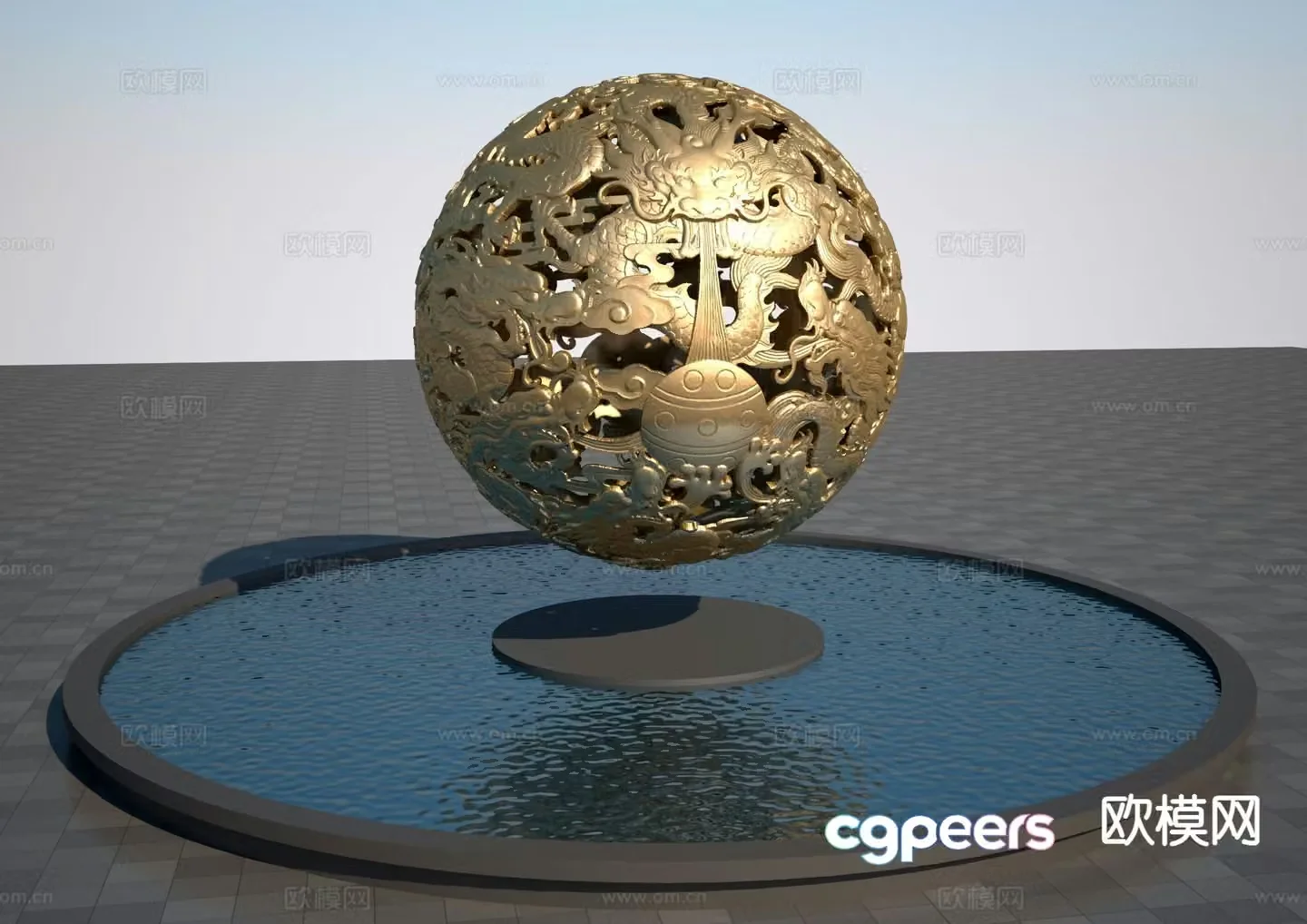 Chinese style double dragon playing with beads Feng Shui ball sculpture 3D model
