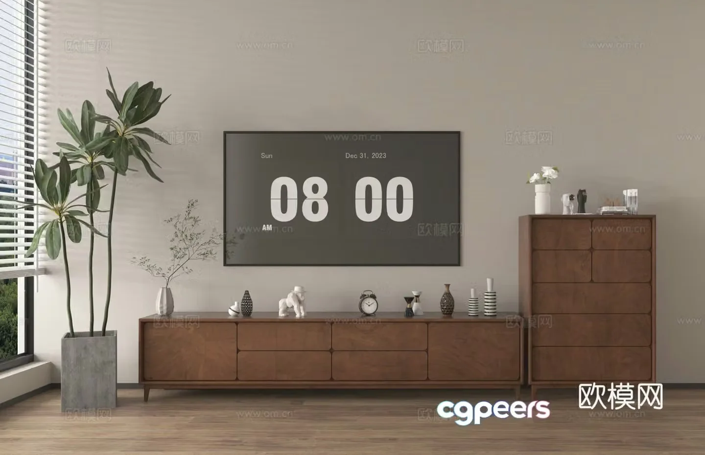 TV cabinet jewelry ornaments floral vase green plant 3d model