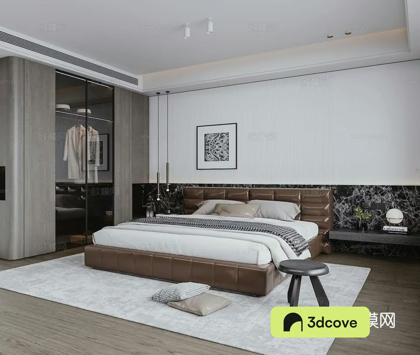Modern bedroom high-end leather double bed hotel apartment room dark black room wardrobe