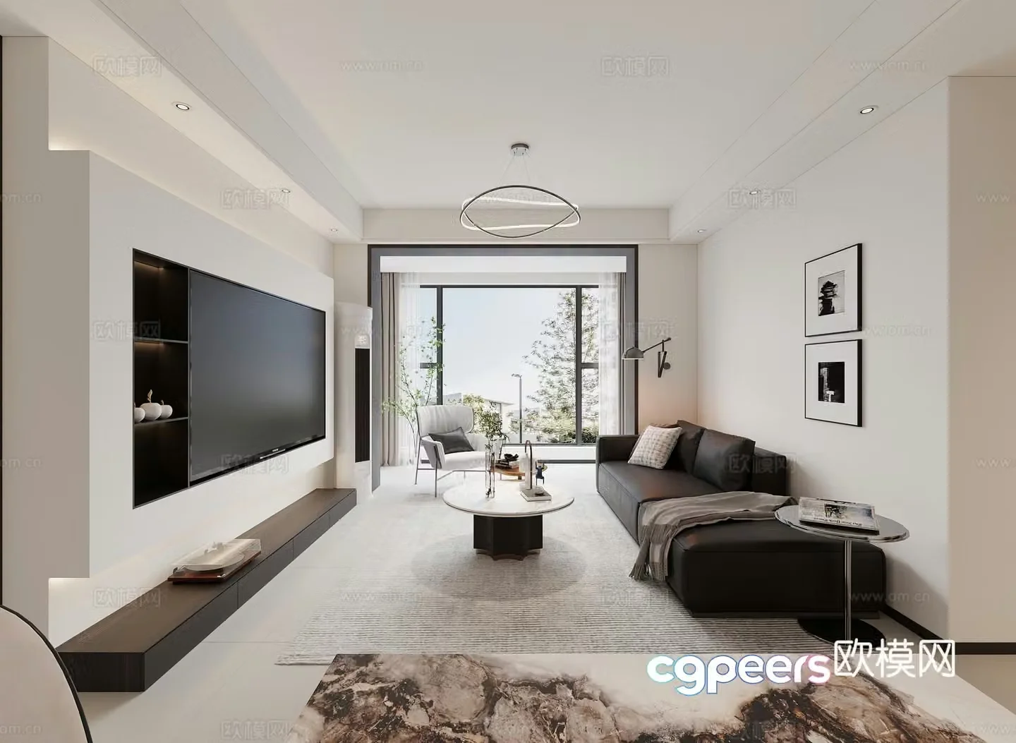 Black white and gray living and dining room kitchen 3d model
