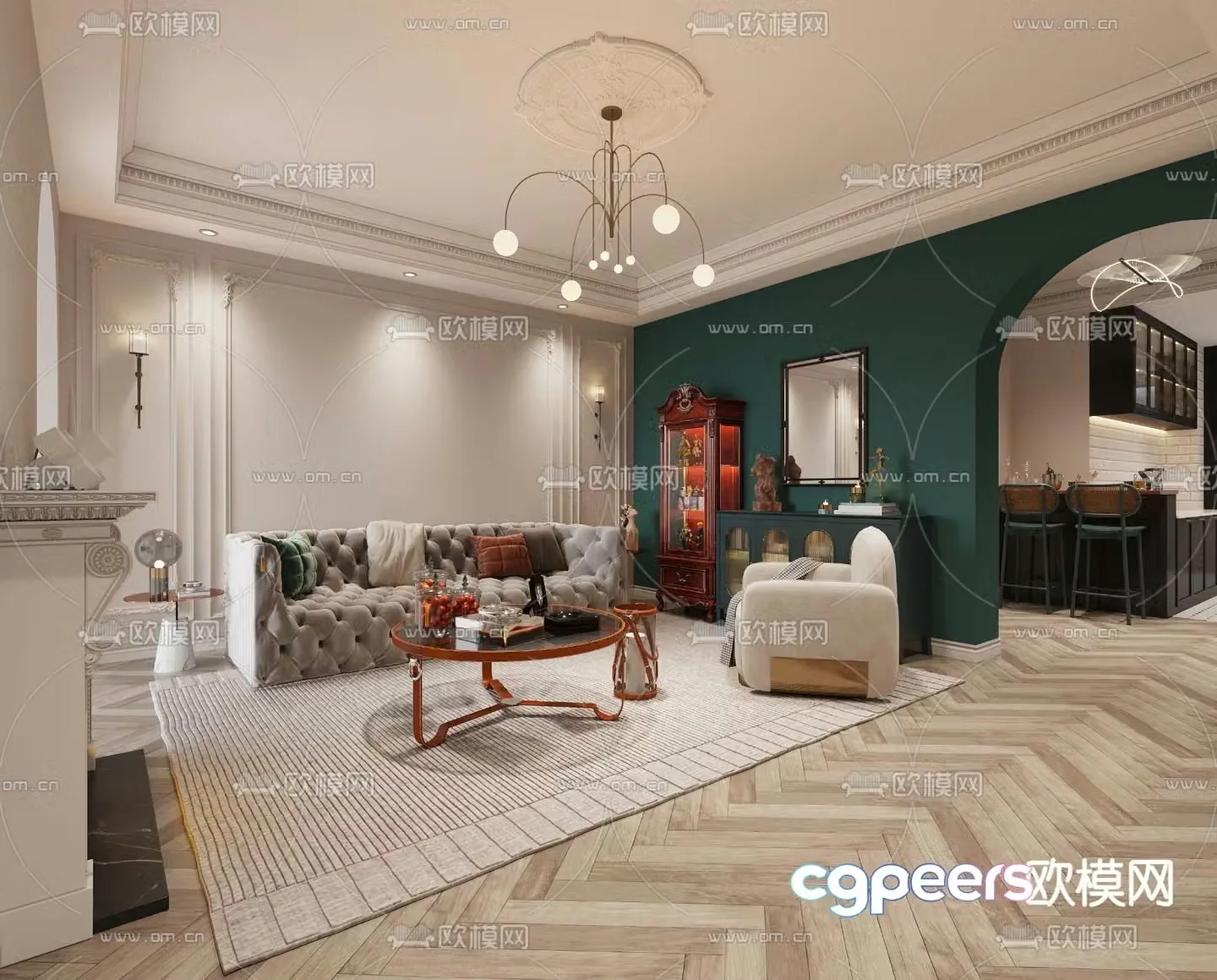 French living and dining room 3d model