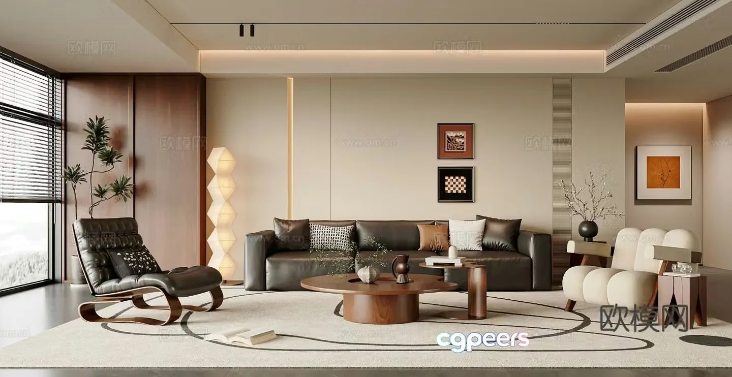 Middle style living room sofa and coffee table combination leisure chair potted plant hanging painting floor lamp 3D model