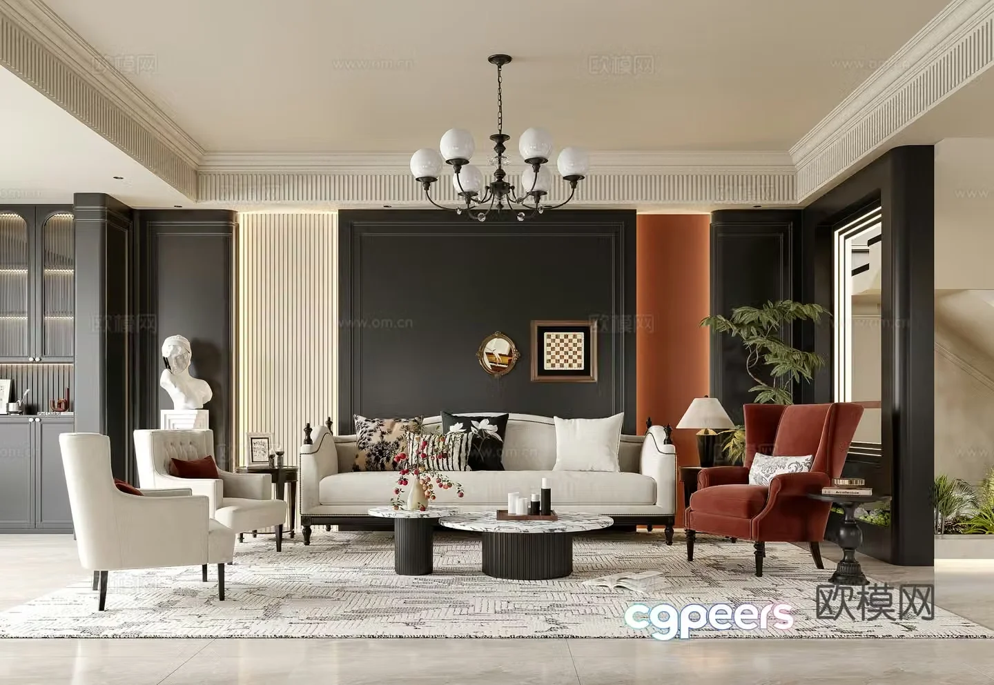 American retro living and dining room 3d model