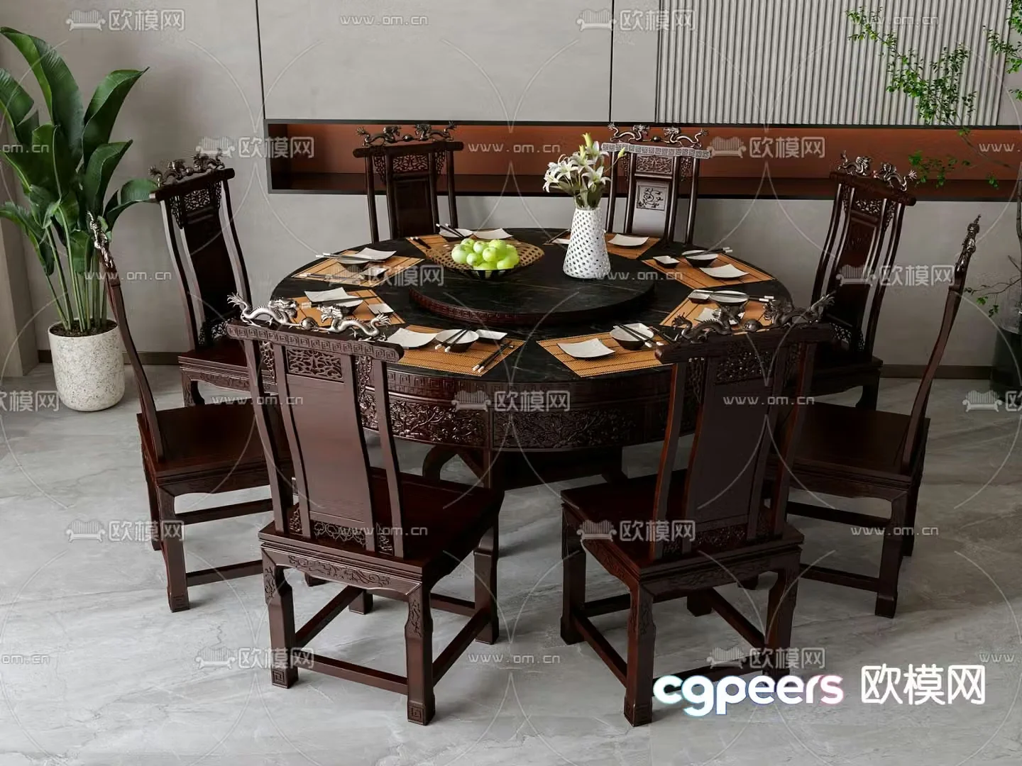Chinese dining table and chairs round dining table 3d model