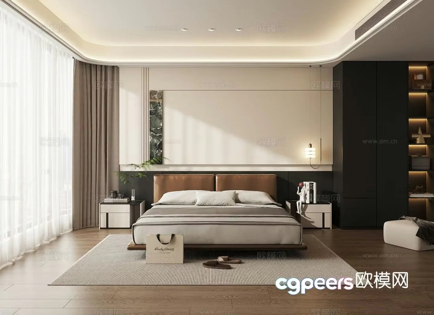 Modern premium gray bedroom Italian simple bedroom Double bed master bedroom Secondary bedroom 3D model
