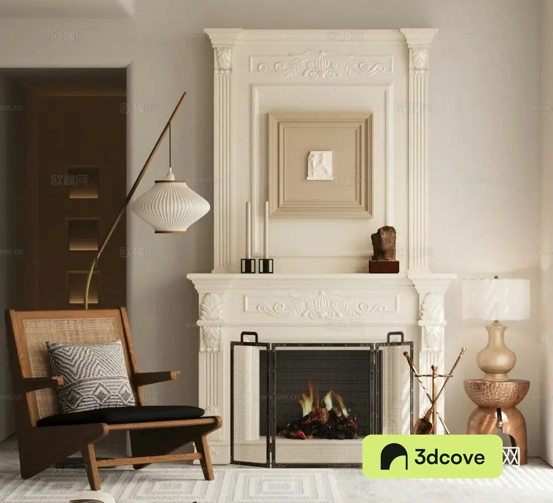 Middle fireplace leisure chair floor lamp ornament combination