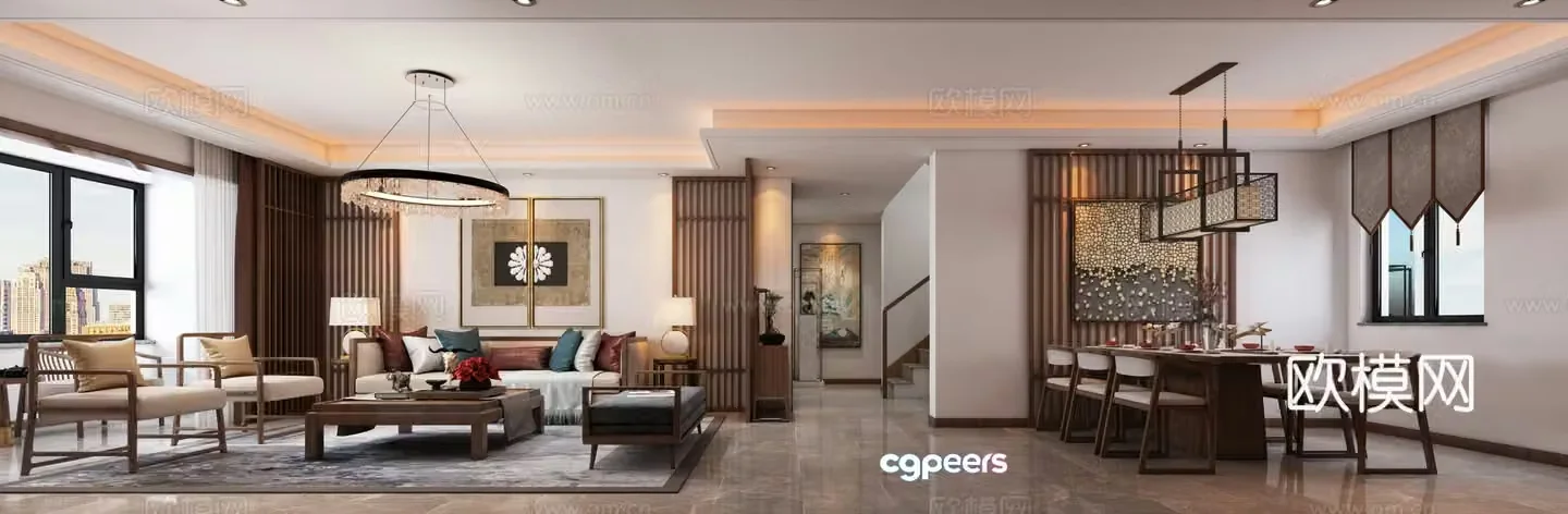 New Chinese style living room and dining room sofa and coffee table dining table and chairs hanging paintings objects ornaments chandeliers 3D model